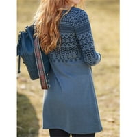 Женска модна ежедневна печат с дълги ръкави с дълъг пуловер с дълъг пуловер тениска отгоре синьо s