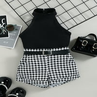 Viworld Toddler Baby Girls Summer Outfits Leeveless Ribled Solid Color Stand-Up Collar върхове Houndstooth Къси панталони талия колан