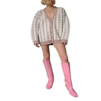Женски бутон на Houndstooth надолу Knitwear Cardigan Небрежно V-образно разхлабено печат мек приготвен стил плетен връх