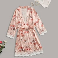 Qcmgmg един pjs за жени флорални сатенени пижами дантелени роби за спално облекло розово 3xl