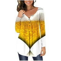Модерни ваканционни туники ризи за жени забавни 3D бира отпечатани бутон с дълъг ръкав кръгла шия плинен тениски върхове на риза свободни разхлабени удобни пуловер блуза бяло xxl